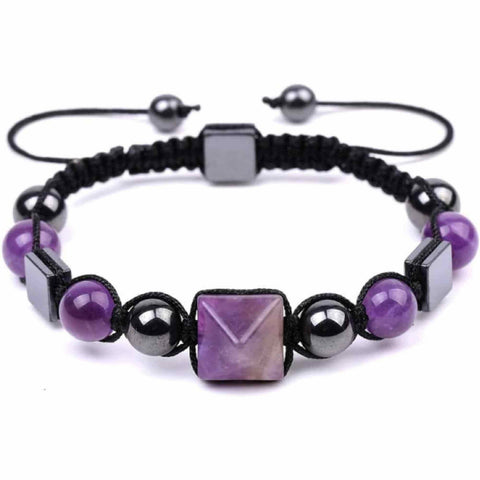 Adjustable Braided Bracelet with 8mm Amethyst and Hematite Beads with Amethyst Pyramid - Special Gift