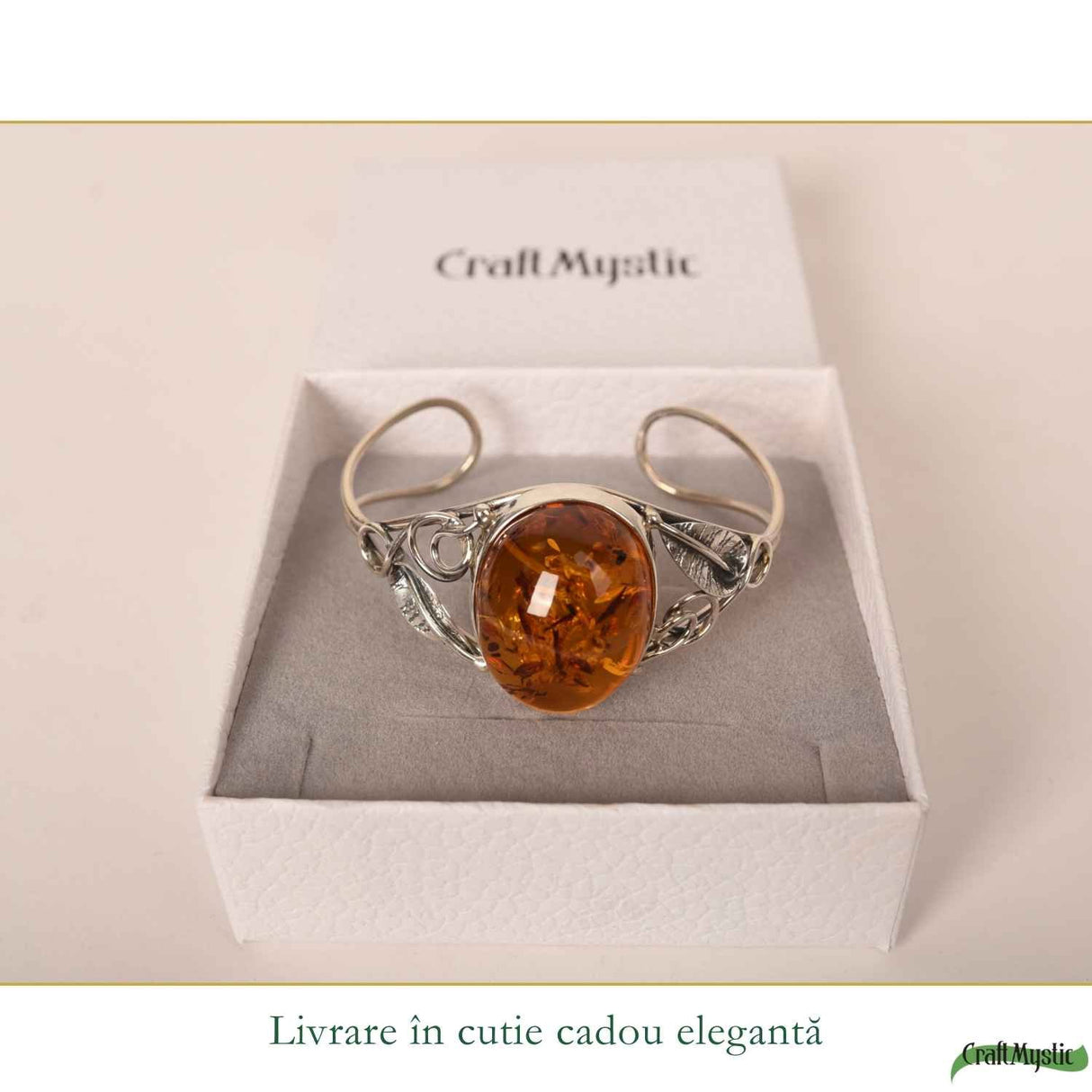 Bratara Argint 925 cu Chihlimbar Oval si Frunze - Caldura si Eleganta Naturala