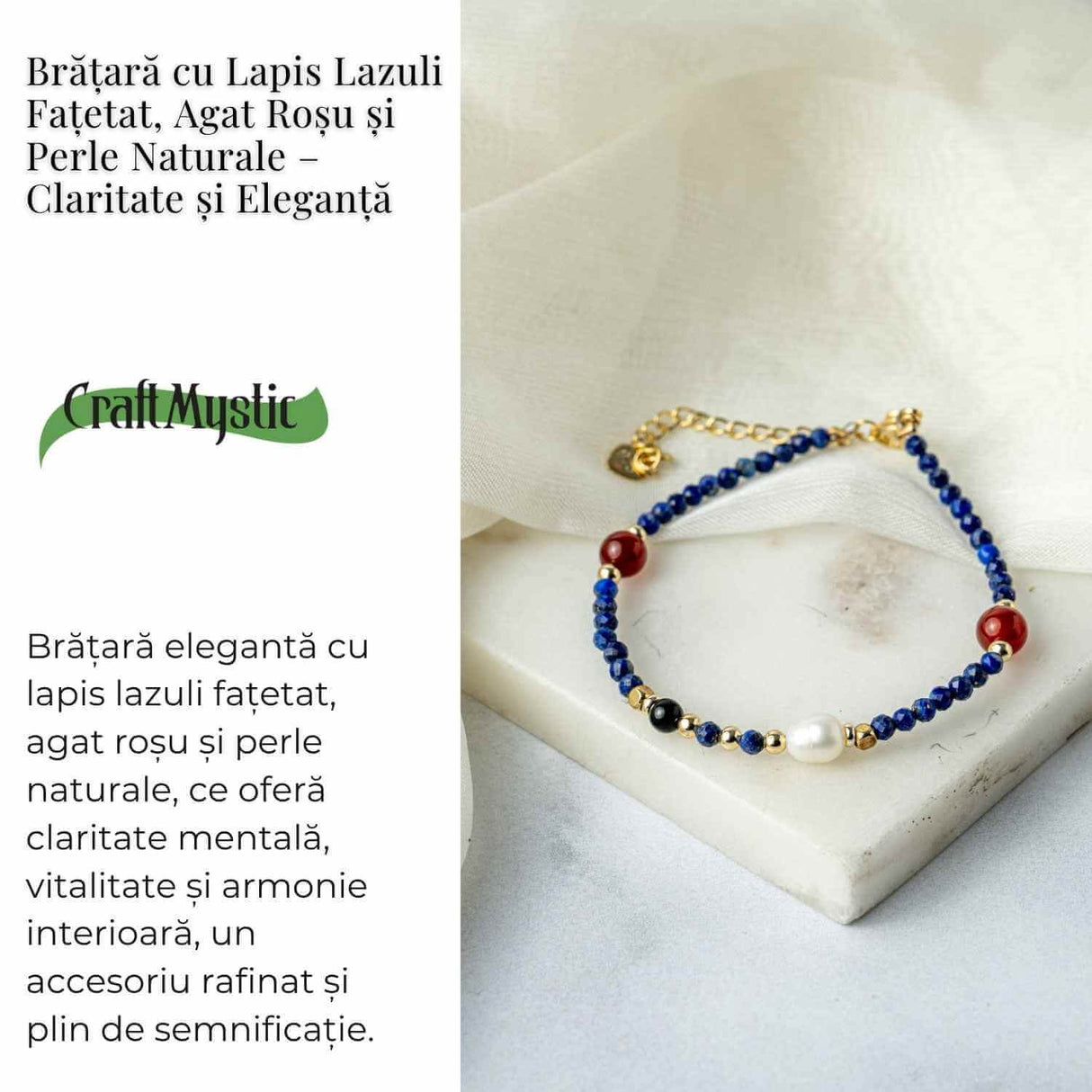 Bratara cu Lapis Lazuli, Agat Rosu si Perla Naturala - Claritate si Armonie Interioara