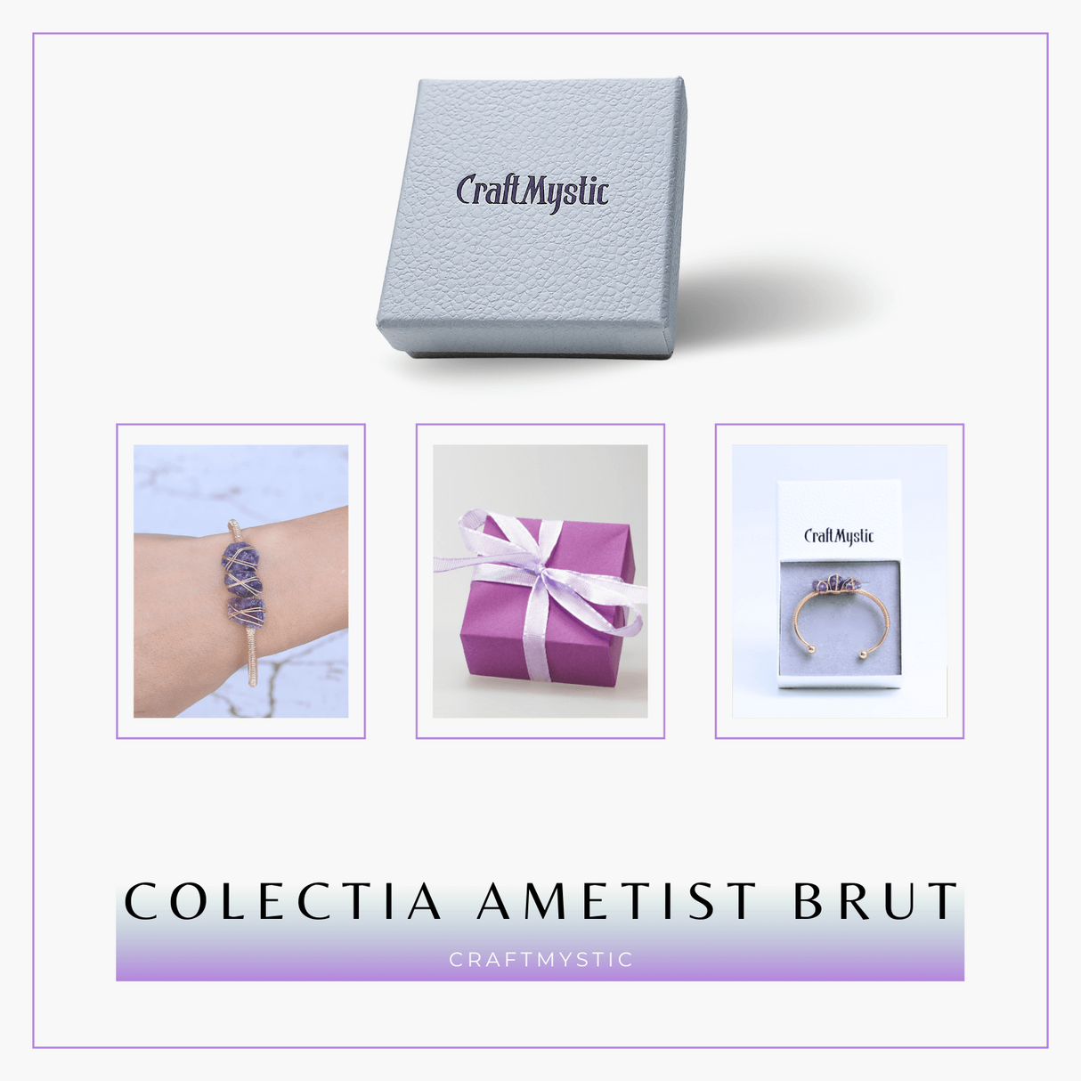 Bratara aurie din metal cu 3 pietre naturale de Ametist , beneficii energetice