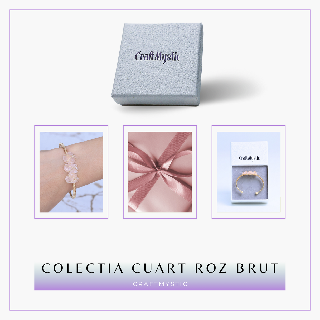 Bratara aurie cu 3 pietre Cuart Roz - Iubire si armonie