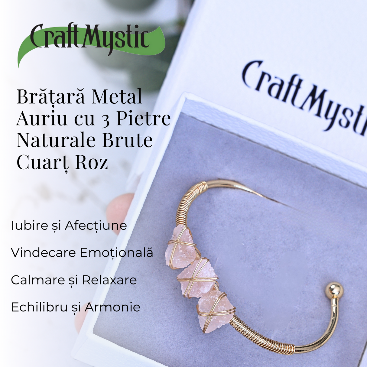 Bratara aurie cu 3 pietre Cuart Roz - Iubire si armonie