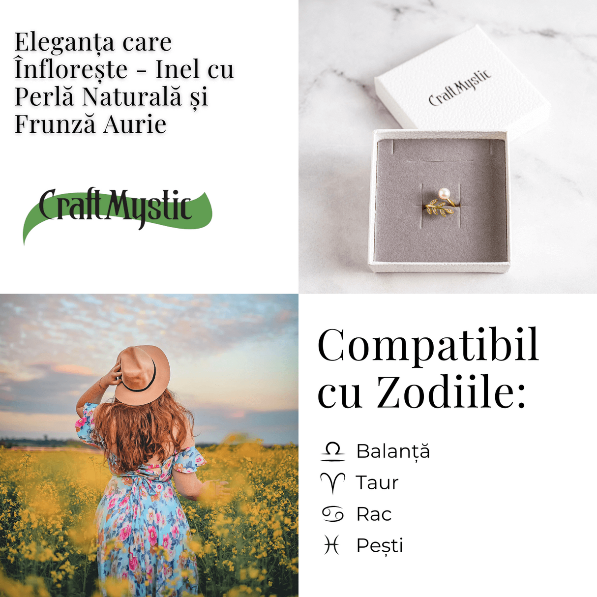Inel cu perla naturala si frunza aurie - Eleganta care infloreste