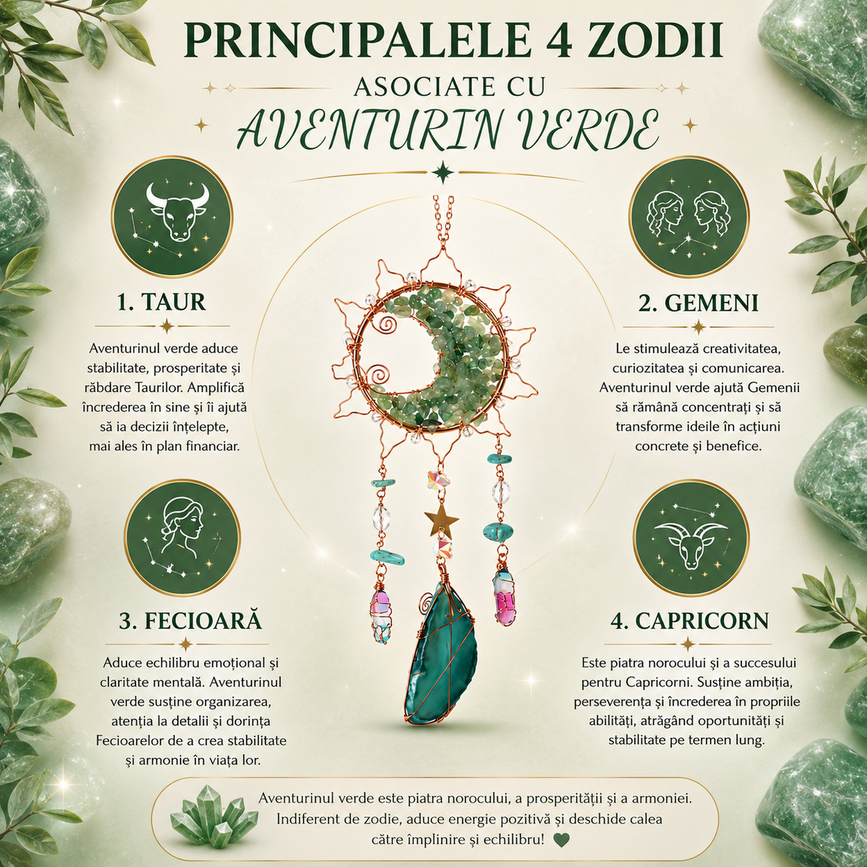 Dreamcatcher cu Aventurin Verde si Felii de Agat in Forma de Soare – Prosperitate si Armonie pentru Casa Ta
