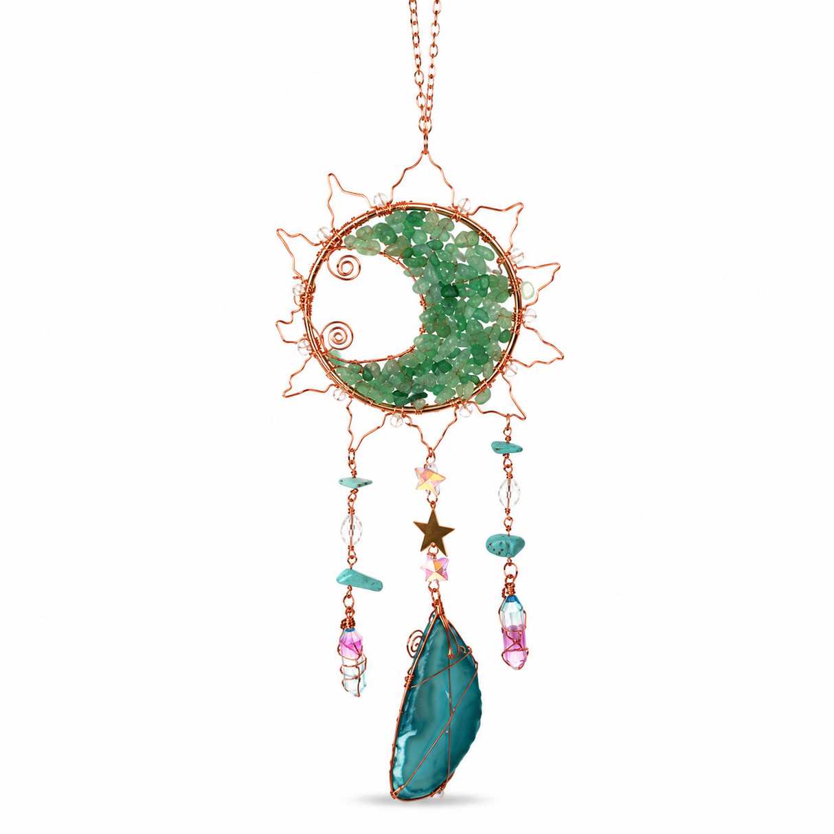 Dreamcatcher cu Aventurin Verde si Felii de Agat in Forma de Soare – Prosperitate si Armonie pentru Casa Ta