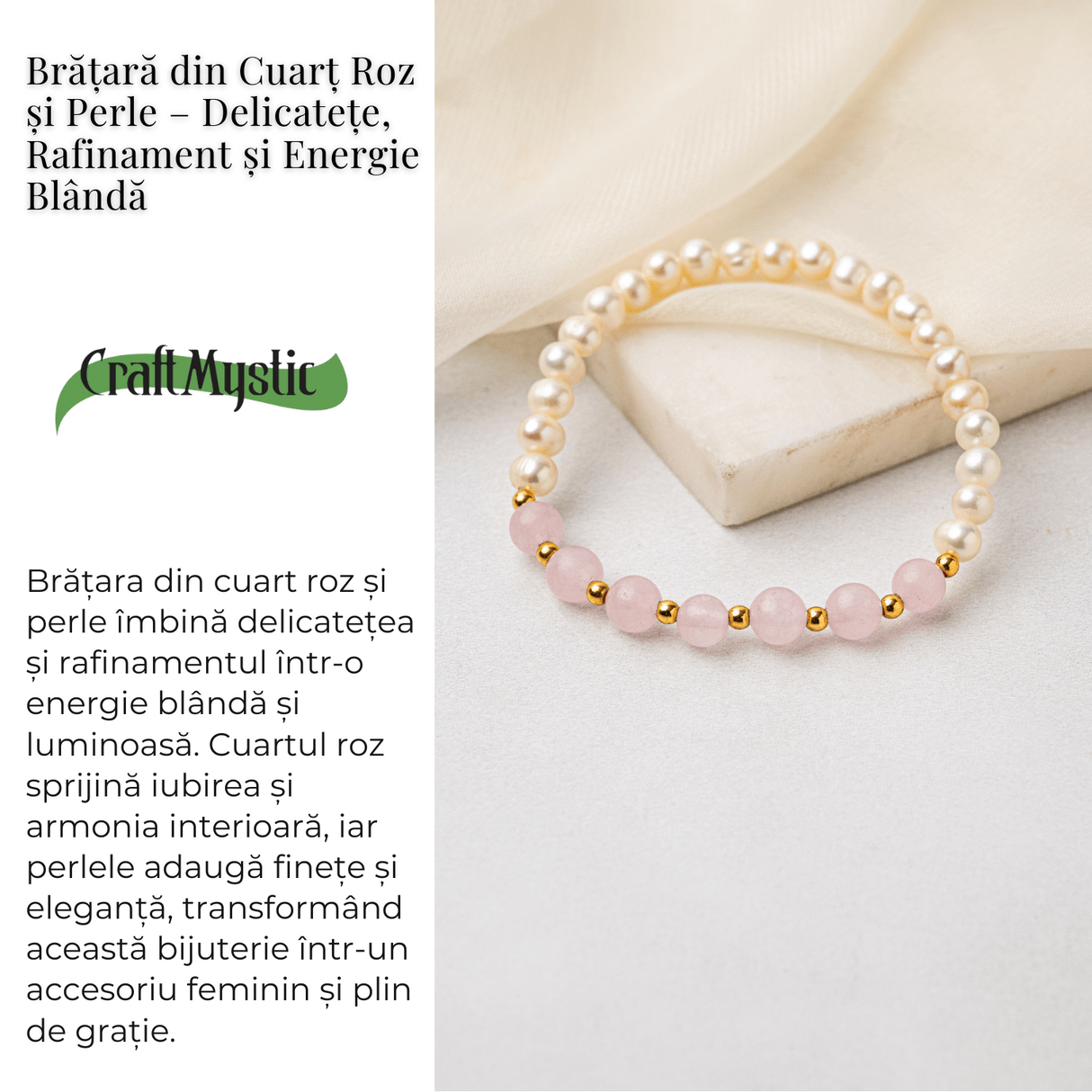 Bratara Cuart Roz si Perle Naturale - Iubire Blanda, Feminitate si Armonie Delicata