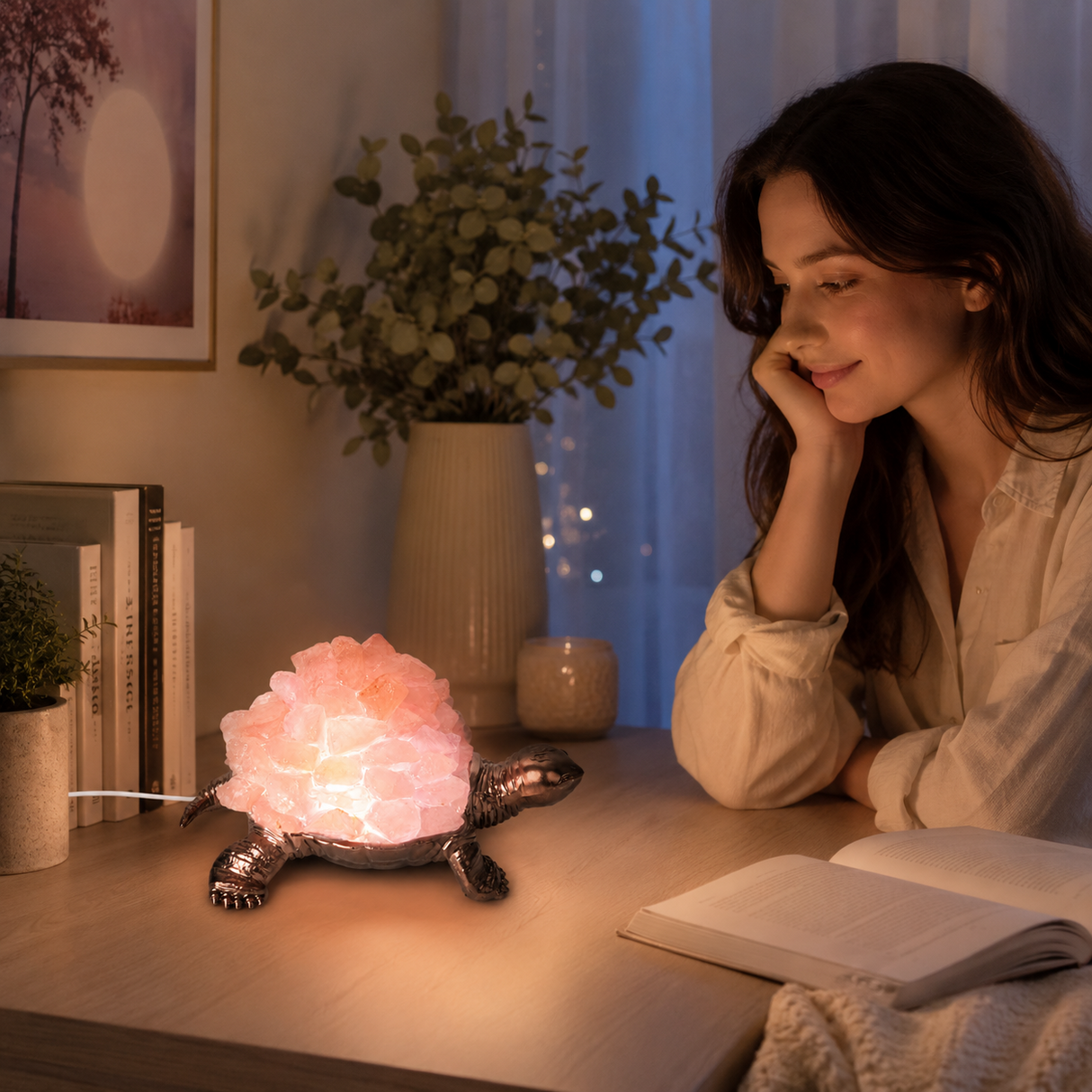 Lampa cu Cuart Roz Natural in Forma de Broasca Testoasa – Iubire si Armonie in Casa
