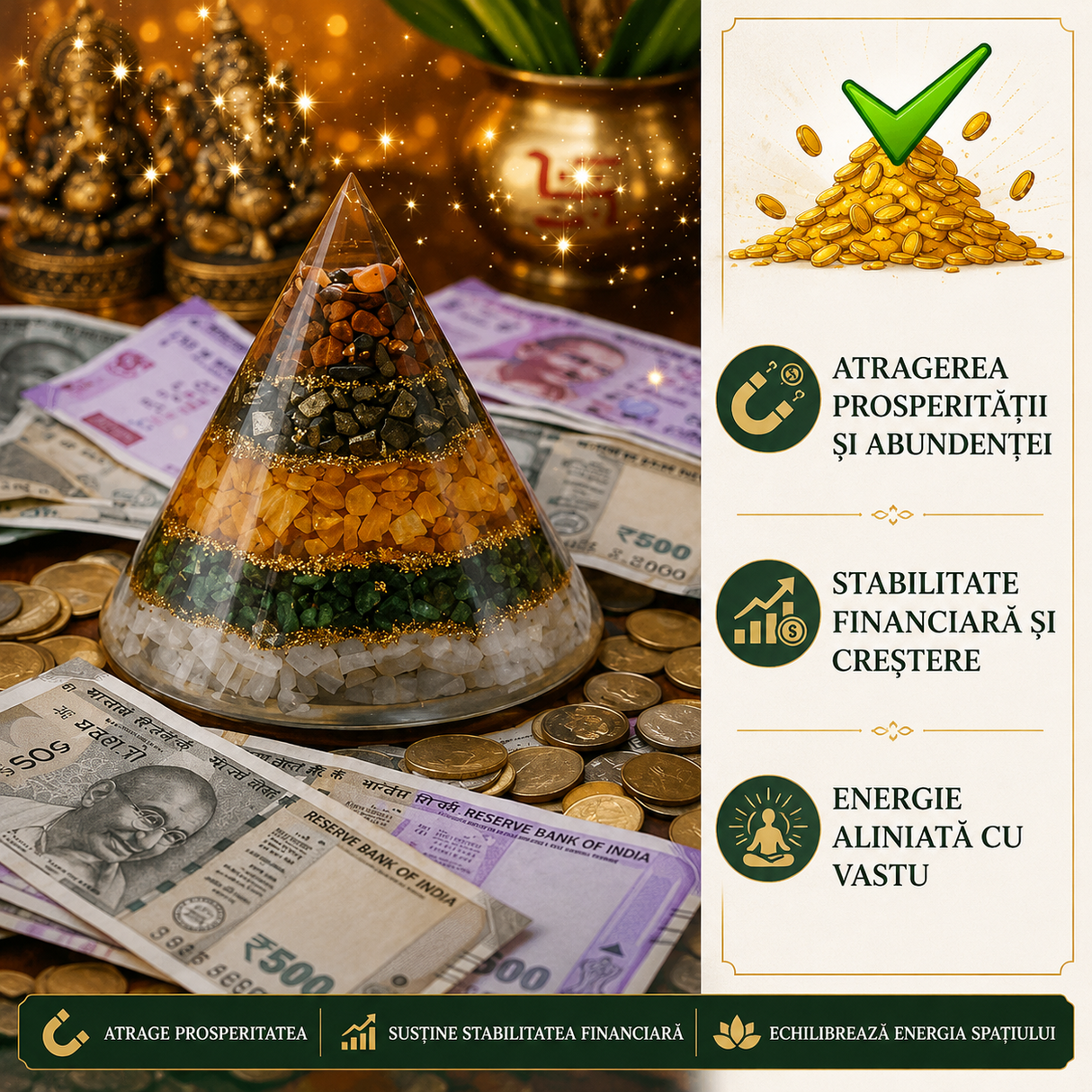 Orgonit Conic cu Ochi de Tigru, Pirita, Citrin, Aventurin Verde si Selenit – Echilibru si Prosperitate