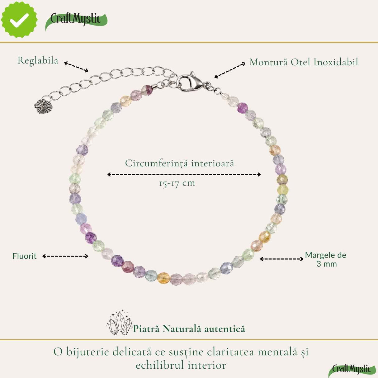 Bratara eleganta cu Fluorit Natural Fatetat 3 mm – Claritate Mentala si Echilibru Interior
