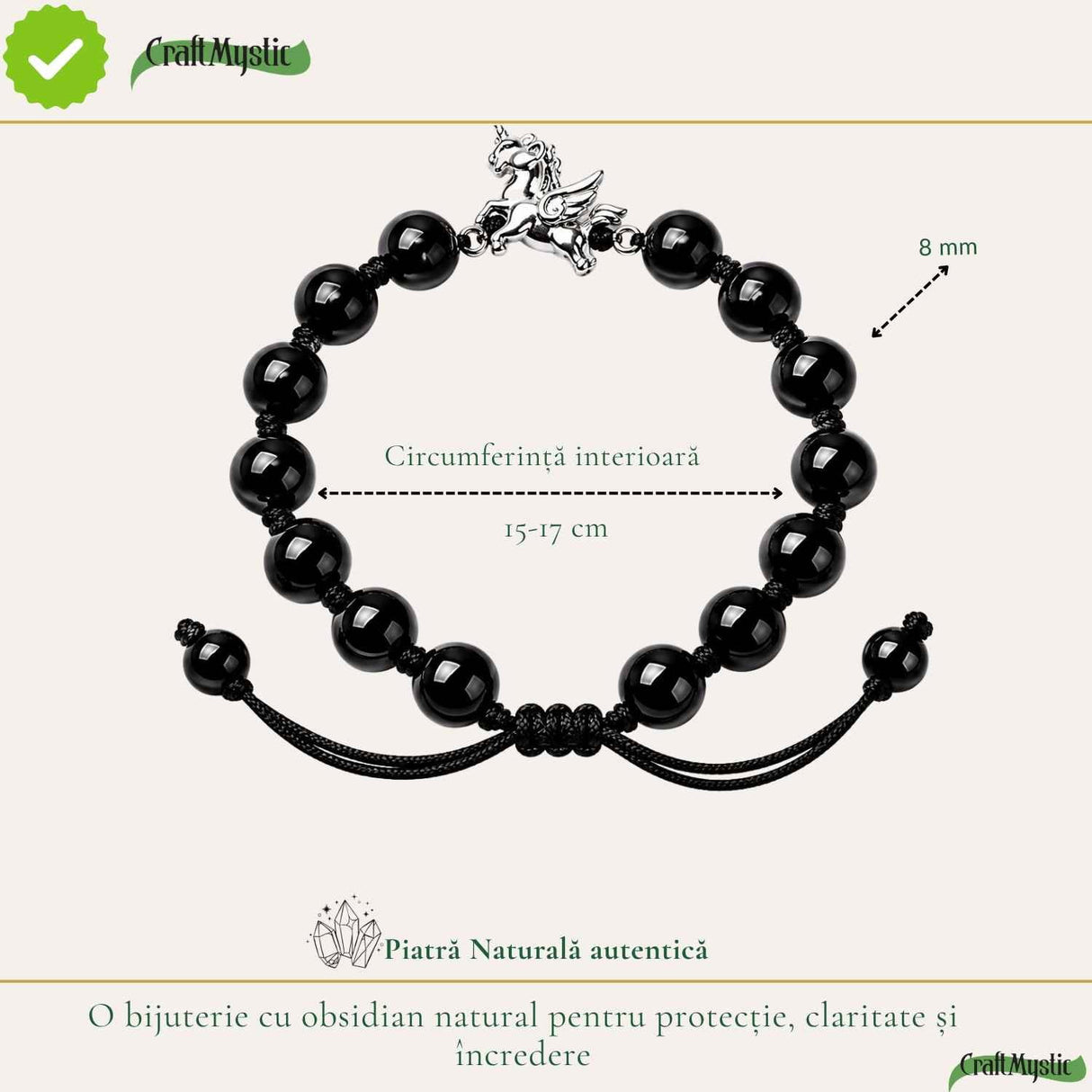 Bratara cu Obsidian Natural si Calut – Protectie, Curaj si Libertate