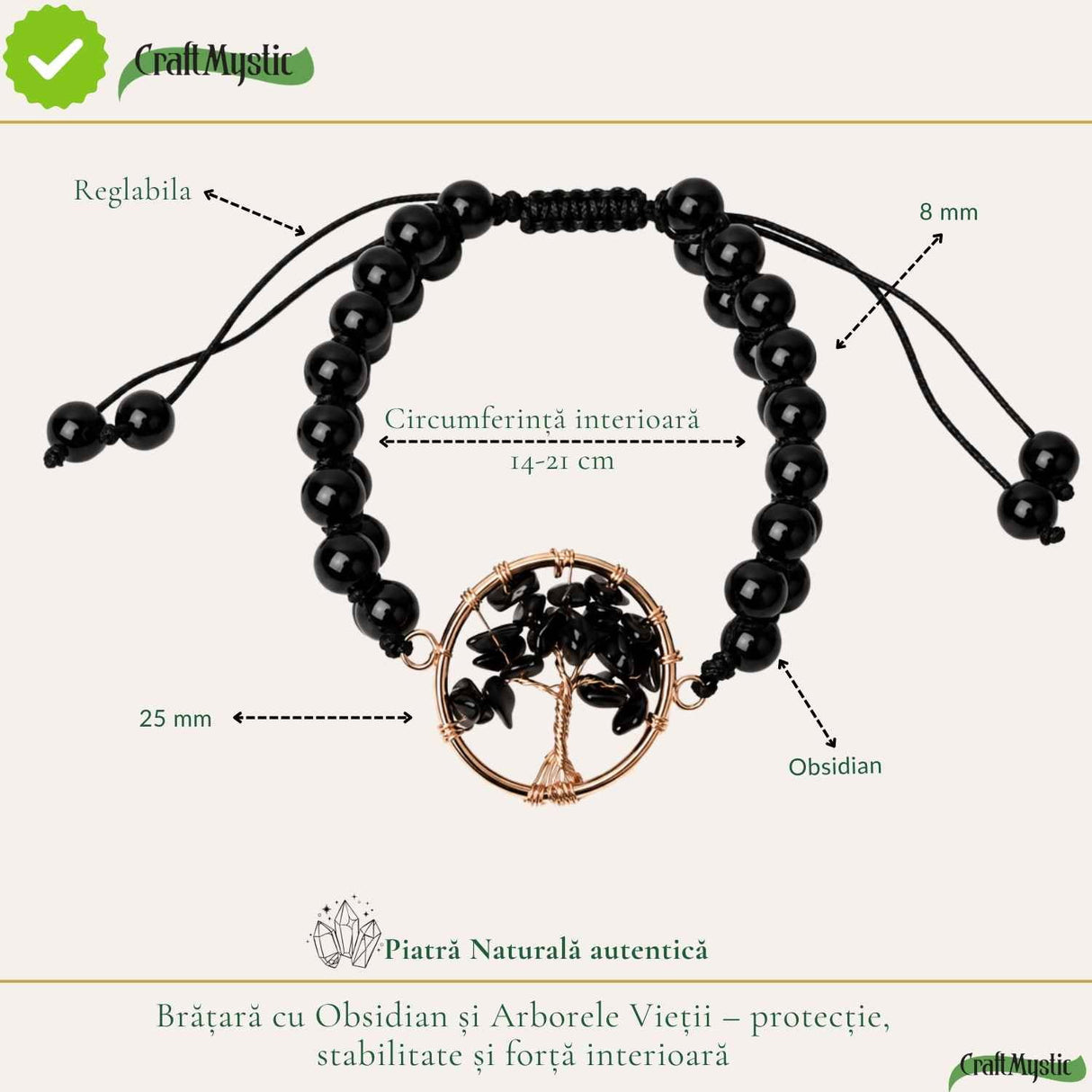 Bratara cu Obsidian si Arborele Vietii – Protectie, Stabilitate si Forta Interioara