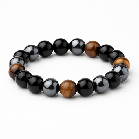 Bratara cu tripla protectie din obsidian negru, ochi de tigru si hematit 10 mm - Bratara feng shui pentru protectie, noroc si prosperitate