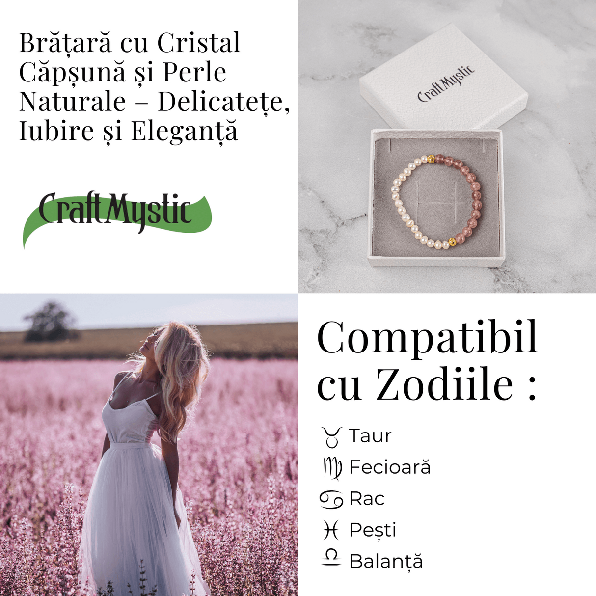 Bratara cu Cristal Capsuna si Perle Naturale - Delicatete, Feminitate si Lumina Interioara