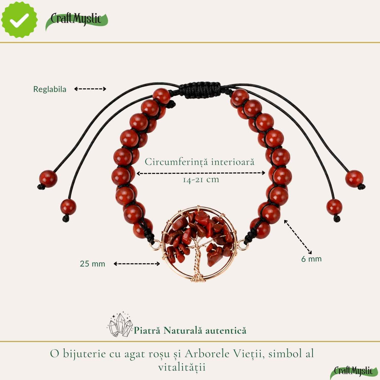 Bratara cu Agat Rosu si Arborele Vietii – Energie, Curaj si Stabilitate