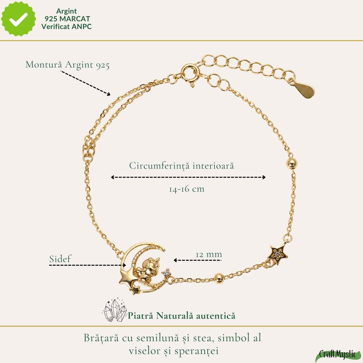 Bratara Argint 925 Placat Auriu cu Sidef Natural, Semiluna, Stea si Calut – Feminitate si Intuitie