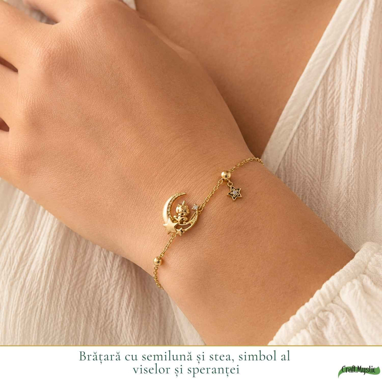 Bratara Argint 925 Placat Auriu cu Sidef Natural, Semiluna, Stea si Calut – Feminitate si Intuitie