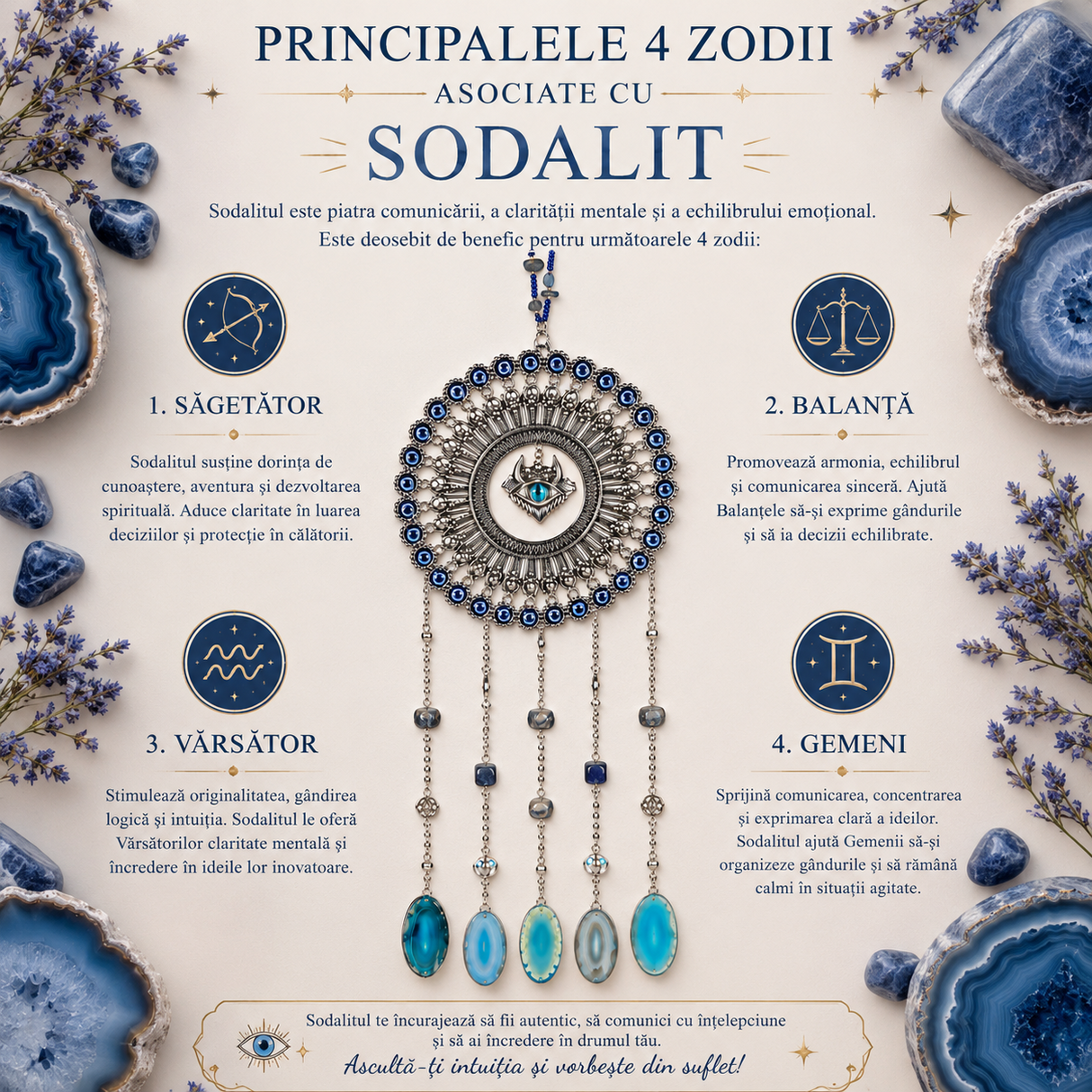 Dreamcatcher cu Sodalit, Felii de Agat si Ochi Protector – Claritate si Protectie Energetica