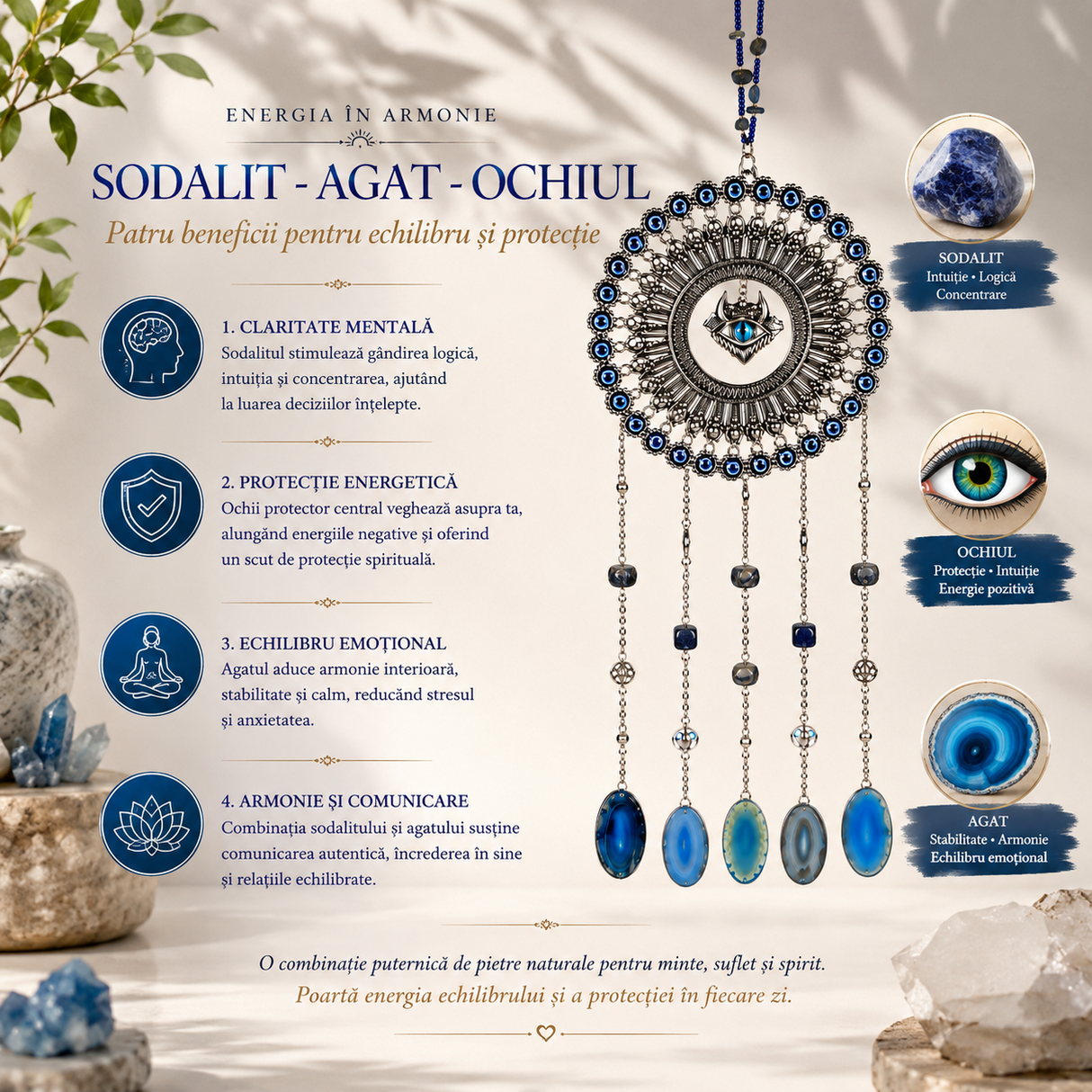 Dreamcatcher cu Sodalit, Felii de Agat si Ochi Protector – Claritate si Protectie Energetica