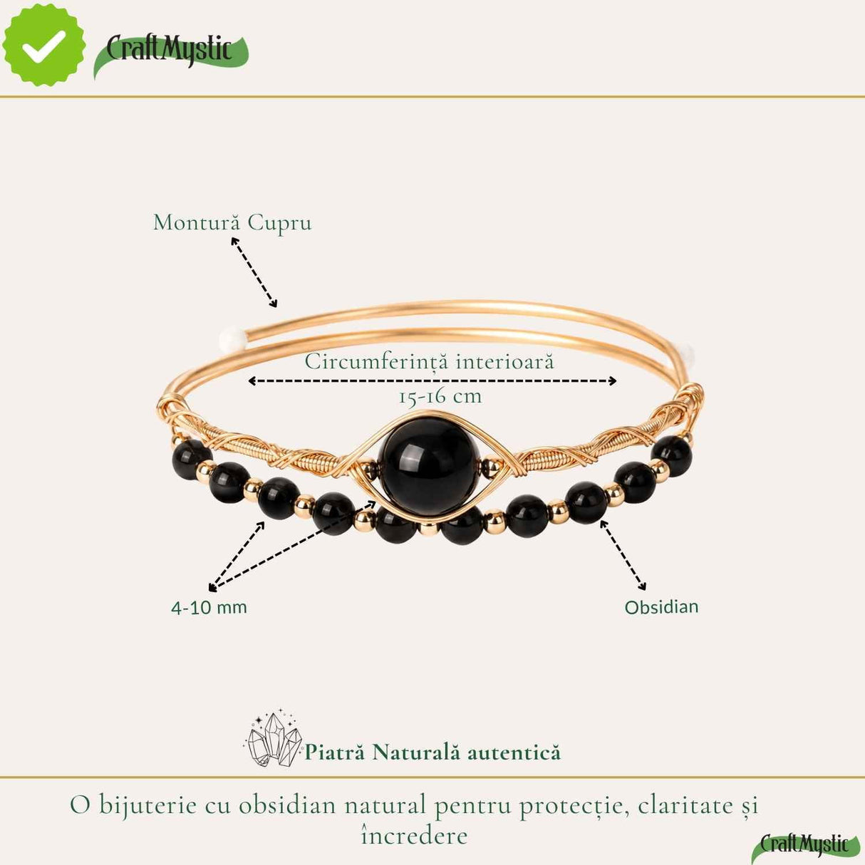 Bratara din Cupru cu Obsidian Natural – Protectie, Echilibru si Incredere