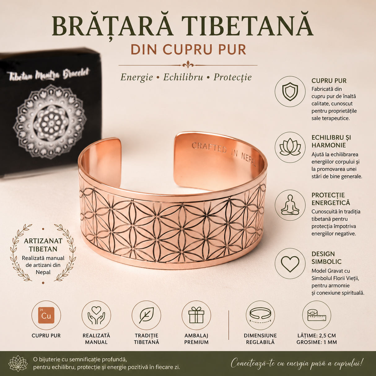 Bratara Tibetana din Cupru Pur Reglabila – Echilibru, Protectie si Energie Naturala