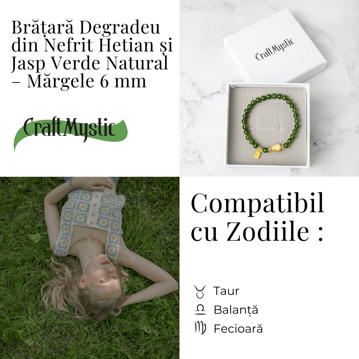 Bratara elastic din jasp verde natural si nefrid hetian - echilibru si vitalitate