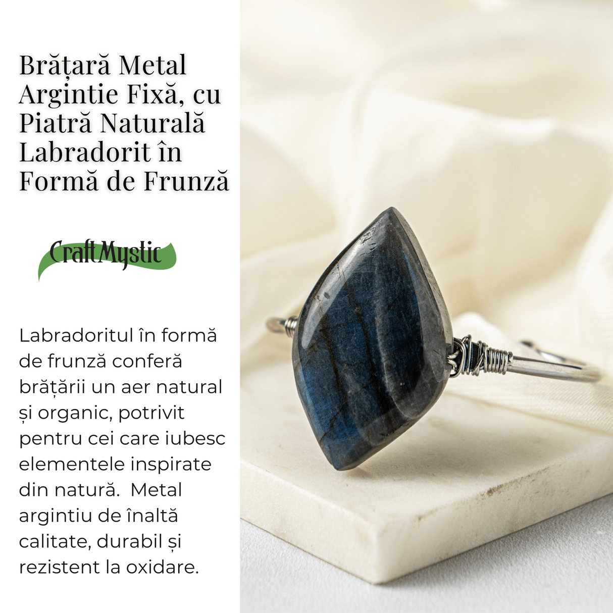 Bratara Fixa Argintie cu Labradorit Frunza - Intuitie si Protectie