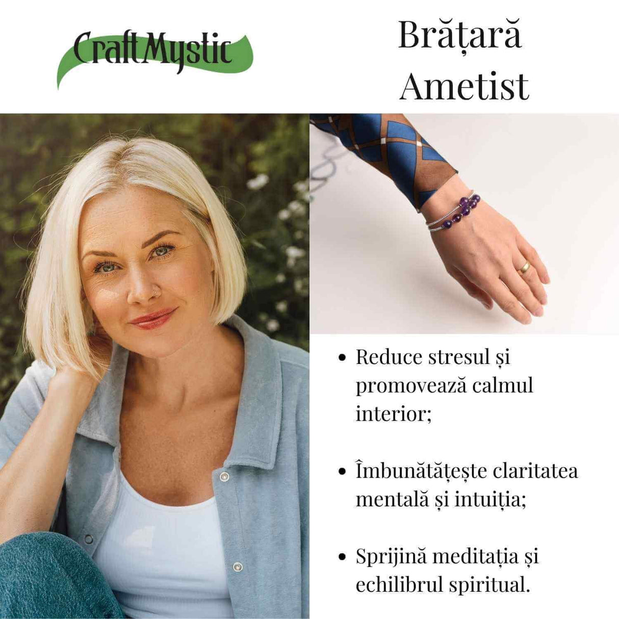 Bratara dubla metalica argintie cu ametist natural pentru calm si claritate mentala
