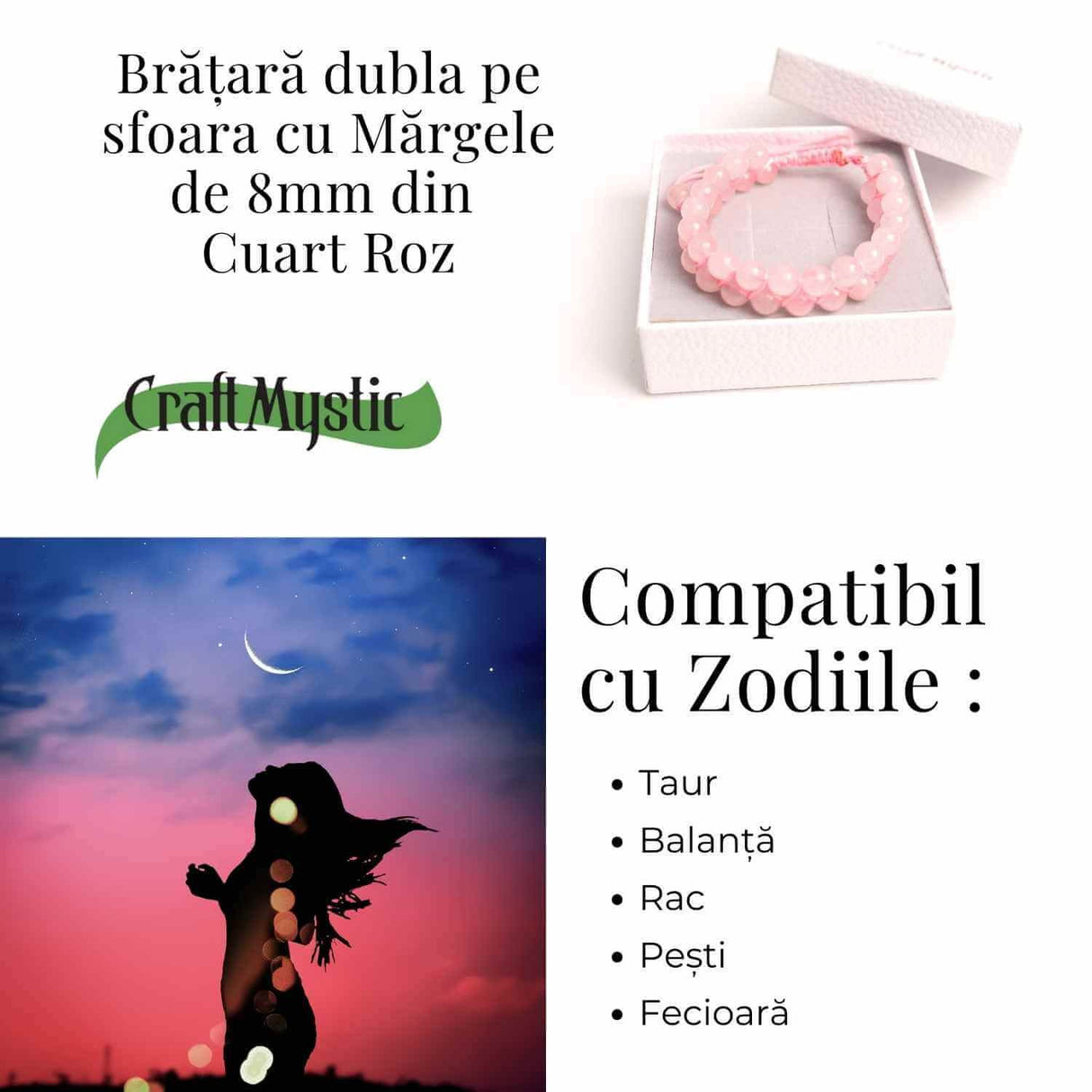 Bratara Dubla Reglabila din Cuart Roz 8mm - Iubire si Armonie
