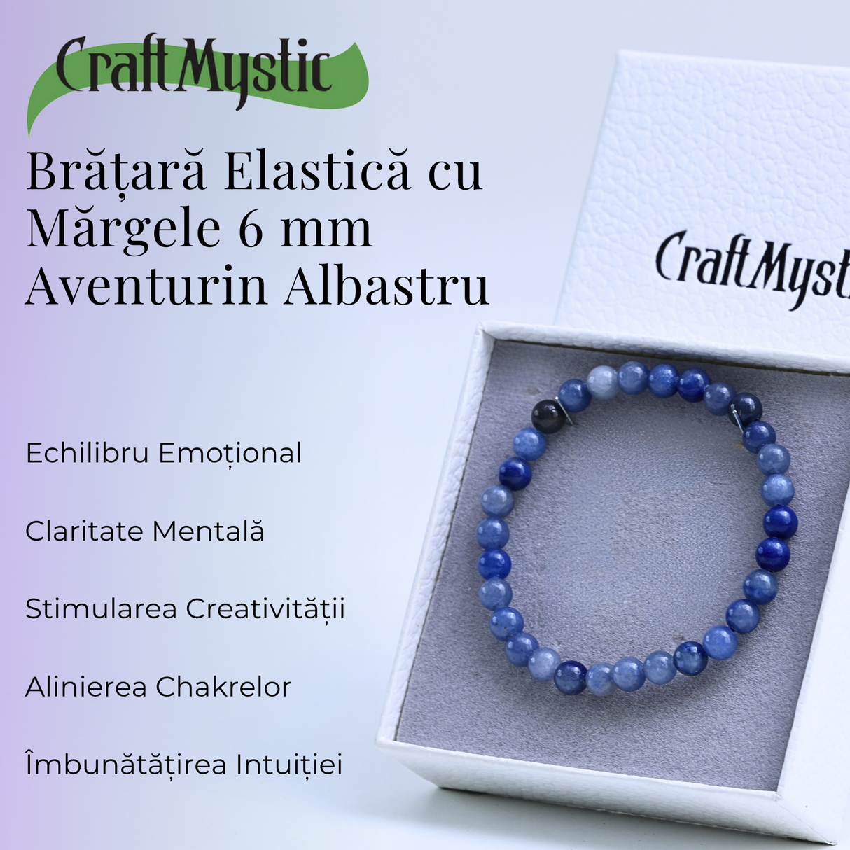Bratara Elastica cu Margele 6mm Aventurin albastru pentru Claritate Mentala si Focus