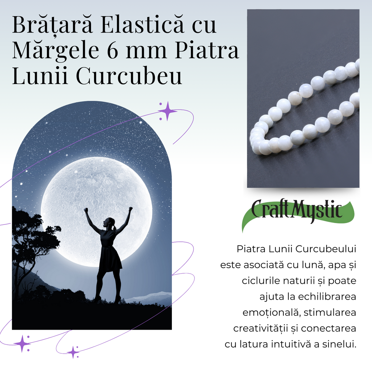 Bratara cu margele 6mm din Piatra Lunii Curcubeu pentru Vindecare Emotionala