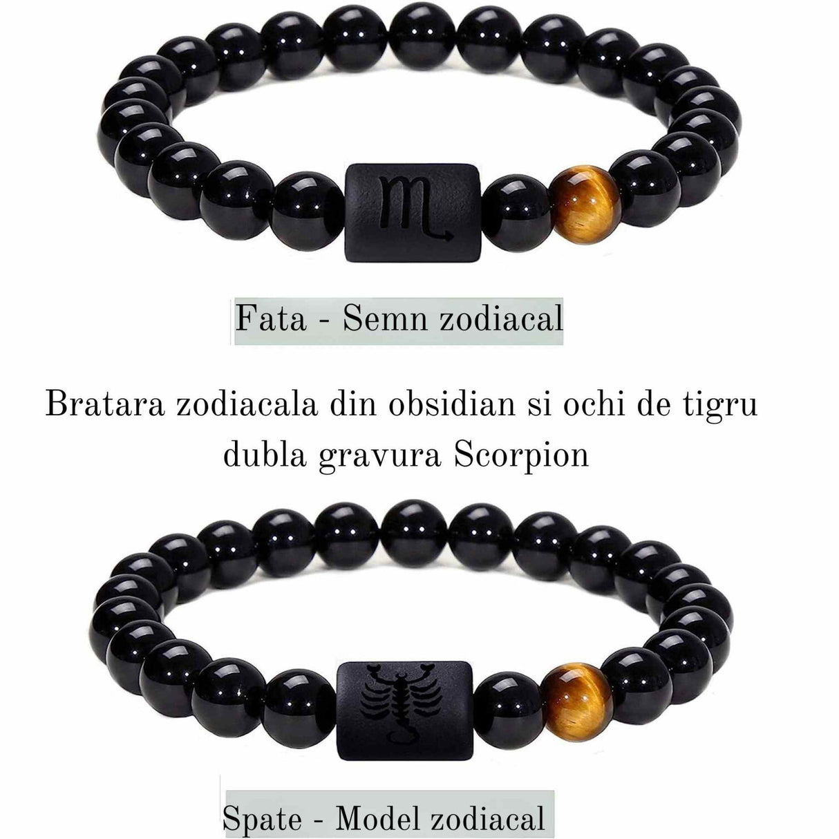 Bratara zodie Berbec din pietre naturale 8mm Obsidian si Ochi de Tigru pentru barbati cu cele 12 constelatii - Include dubla gravura cu semn zodiacala specifica
