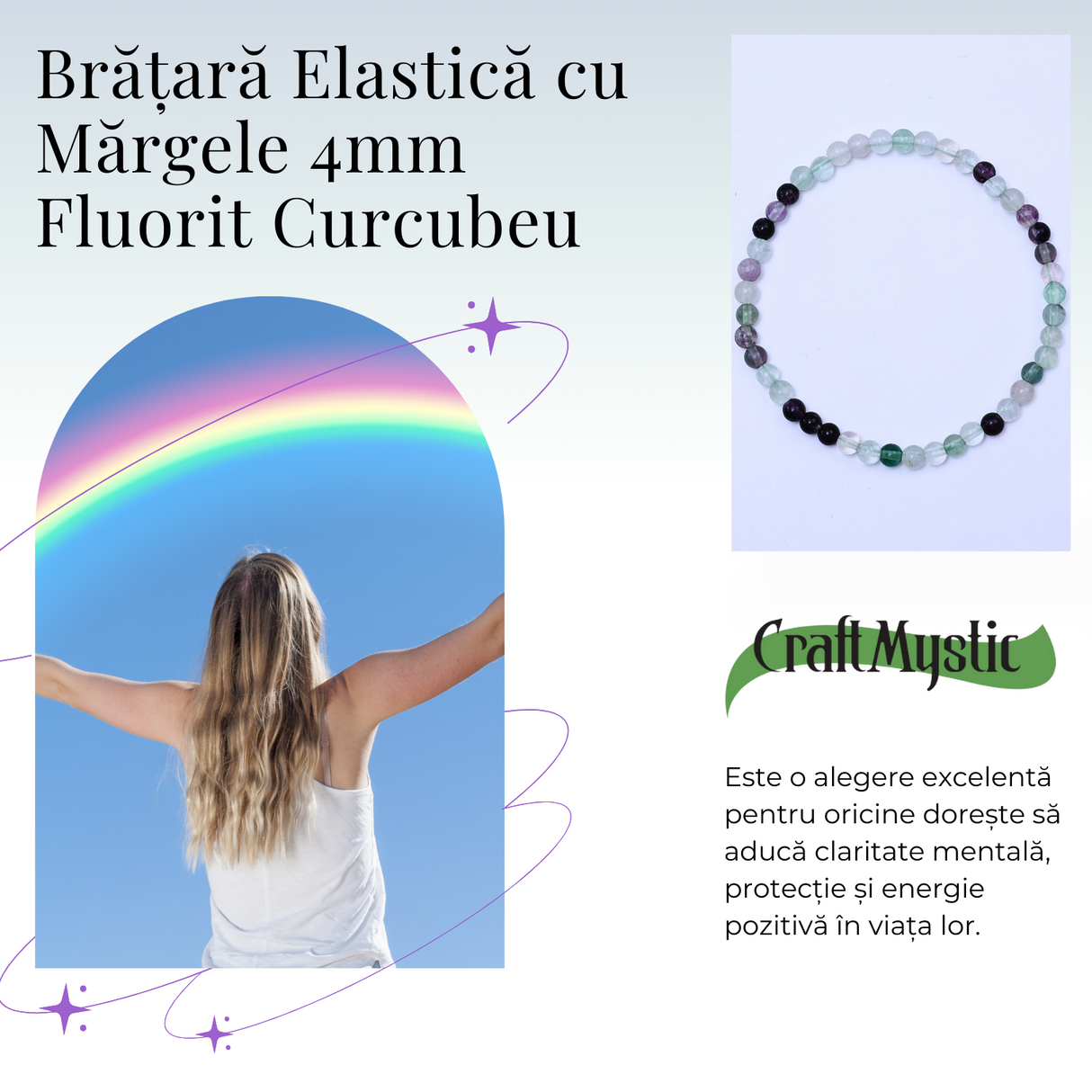 Bratara elastica cu margele 4mm Fluorit curcubeu - Claritate mentala