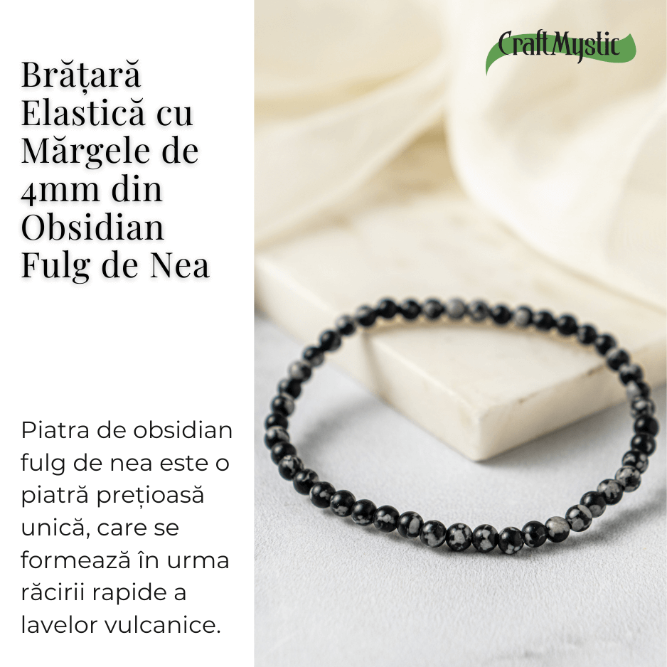 Bratara elastica 4mm din Obsidian Fulg de Nea - Protectie si Echilibru