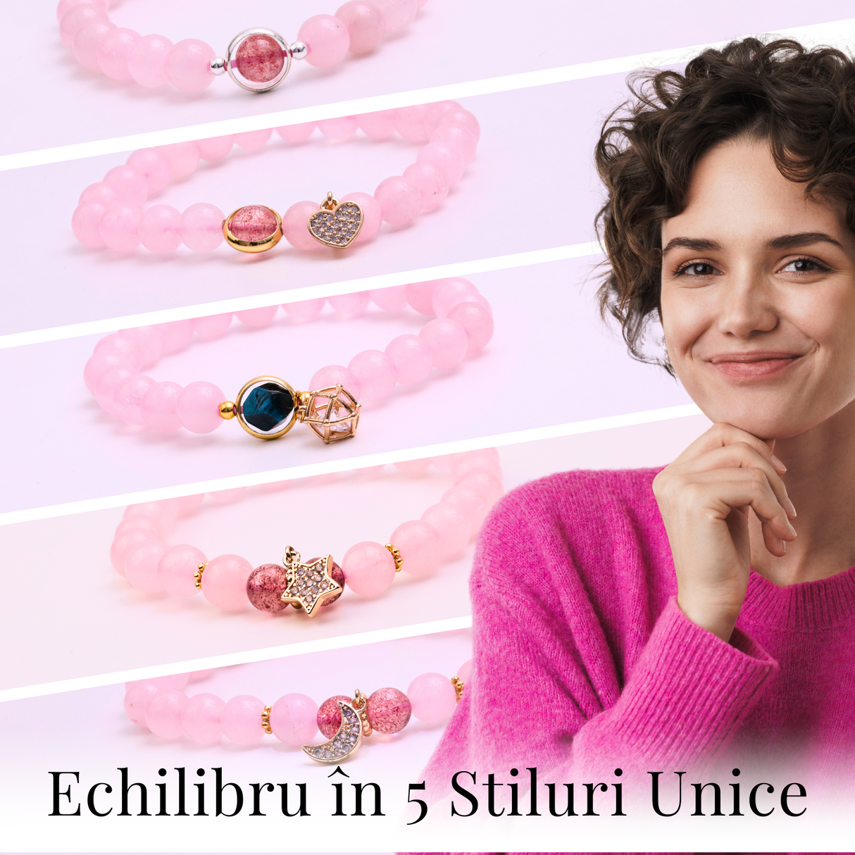 Bratara Elastica cu Margele din Cuart Roz de 8 mm si Pandantiv Sfera