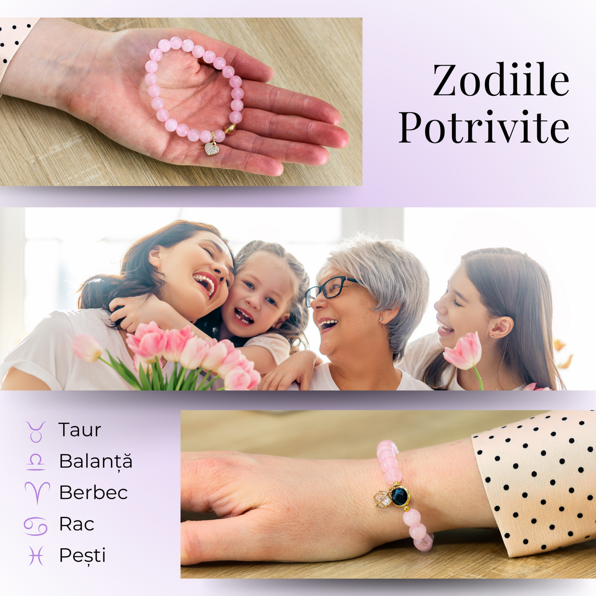 Bratara Elastica cu Margele din Cuart Roz de 8 mm si Pandantiv Sfera