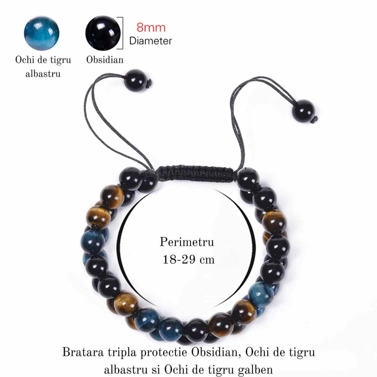 Bratara energetica cu tripla protectie, realizata din pietre semipretioase Obsidian, Ochi de tigru galben si Ochi de tigru albastru de 8 mm - bratara pentru noroc, protectie, stare de bine