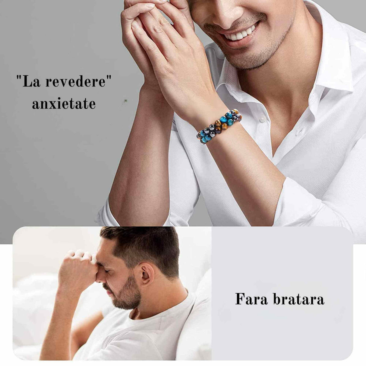 Bratara energetica cu tripla protectie, realizata din pietre semipretioase hematit, ochi de tigru galben si ochi de tigru albastru de 8 mm - bratara pentru energie, protectie, meditatie
