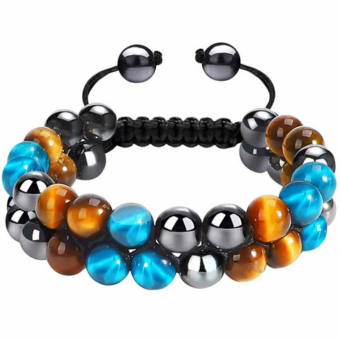 Triple protection energy bracelet, made of 8 mm hematite, yellow tiger's eye, and blue tiger's eye semi-precious stones - bracelet for energy, protection, meditation