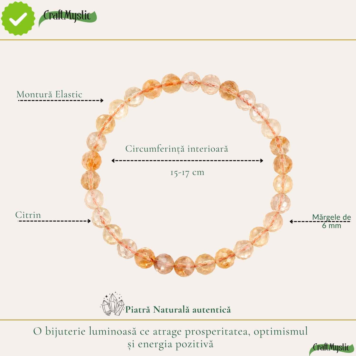 Bratara cu Citrin Fatetat Natural Rotund 6mm – Prosperitate si Energie Pozitiva