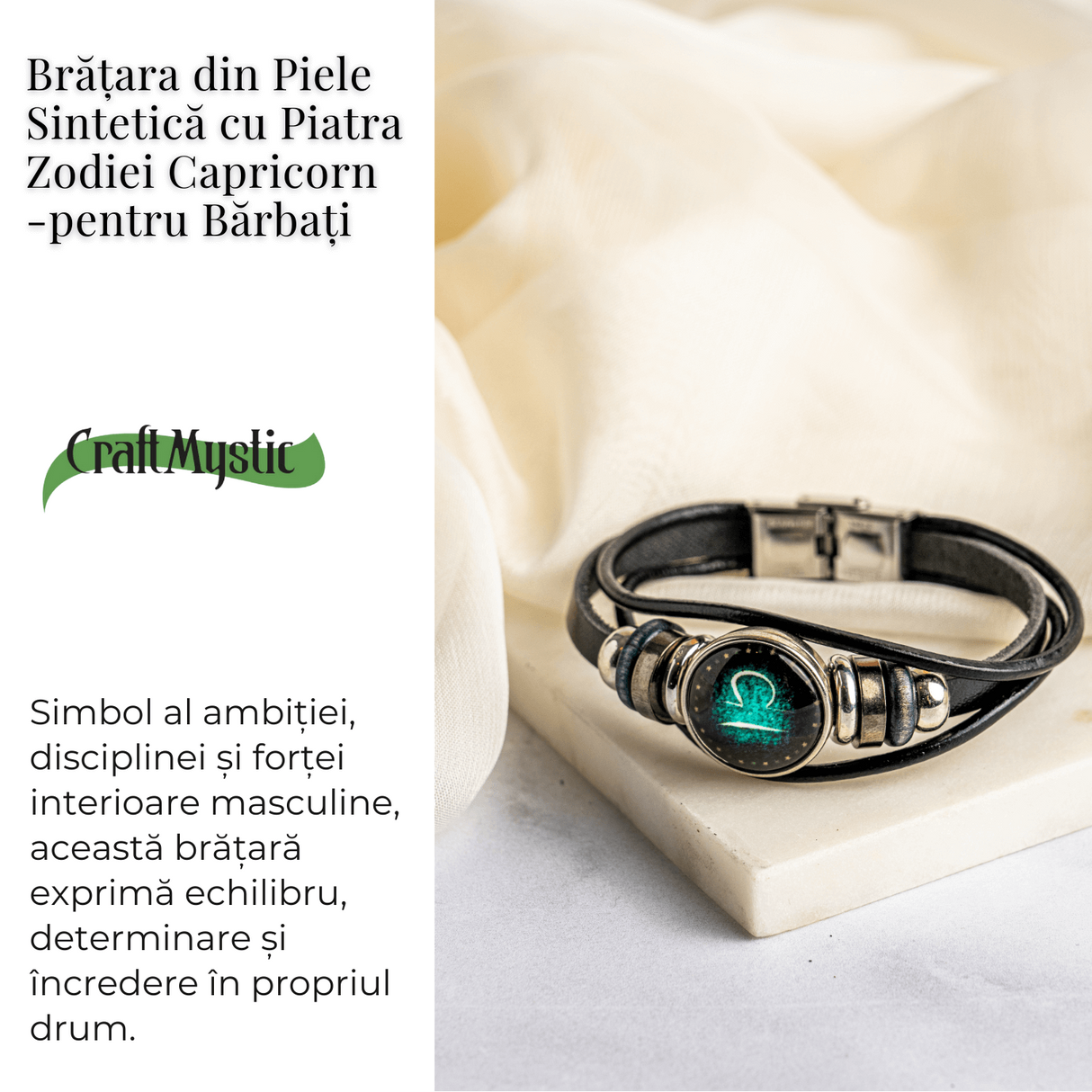 Bratara Fixa zodia Berbec din Piele Sintetica cu Cabochon Rotund - Semn Zodiacal Personalizat pentru Stil si Conexiune Astrologica