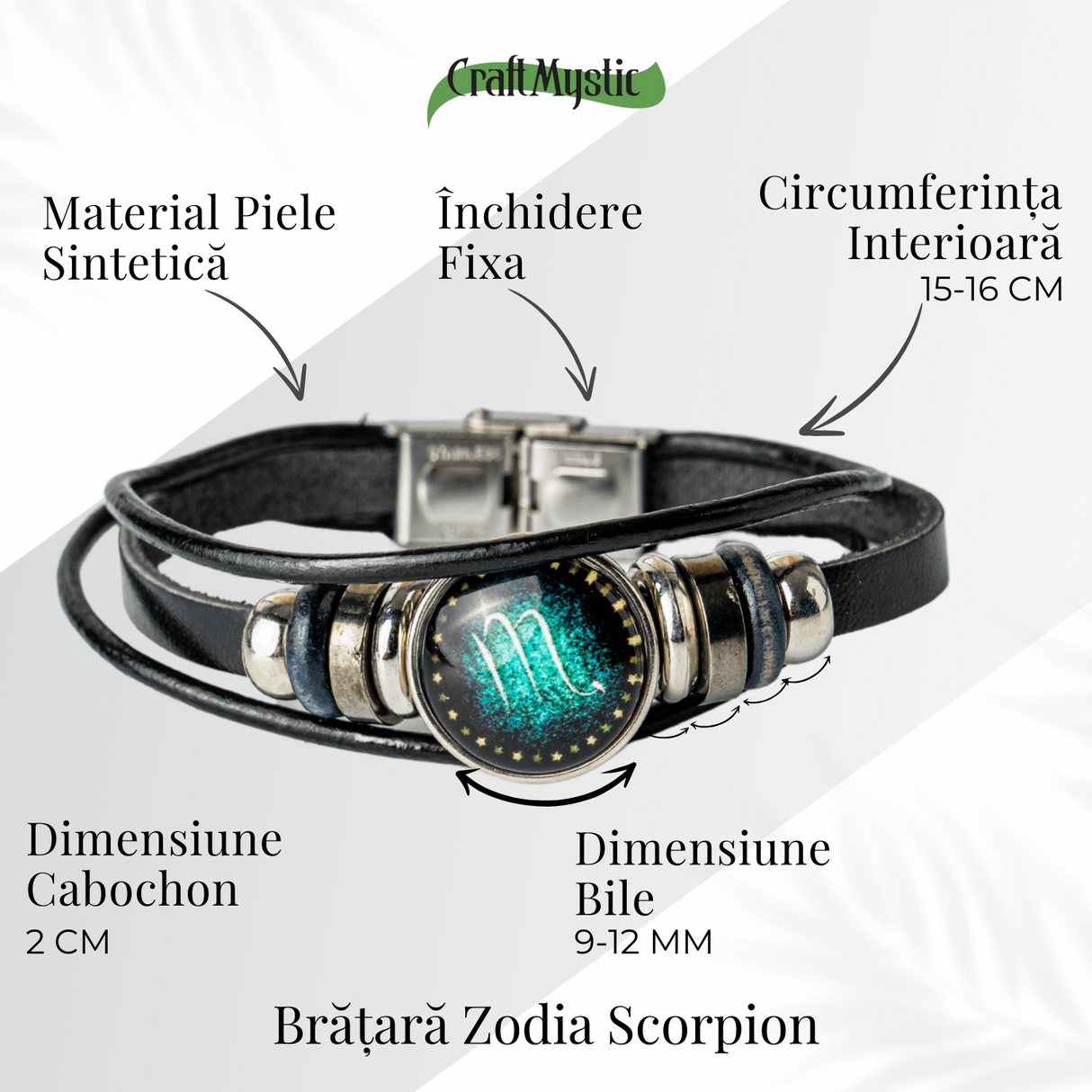 Bratara Fixa zodia Berbec din Piele Sintetica cu Cabochon Rotund - Semn Zodiacal Personalizat pentru Stil si Conexiune Astrologica