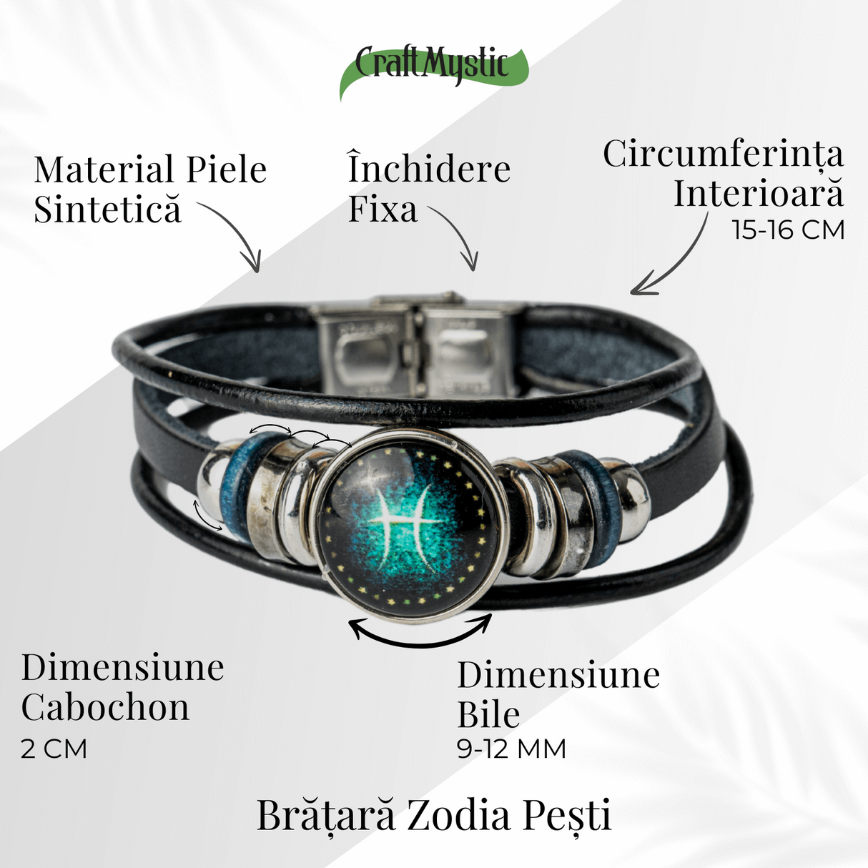 Bratara Fixa zodia Berbec din Piele Sintetica cu Cabochon Rotund - Semn Zodiacal Personalizat pentru Stil si Conexiune Astrologica