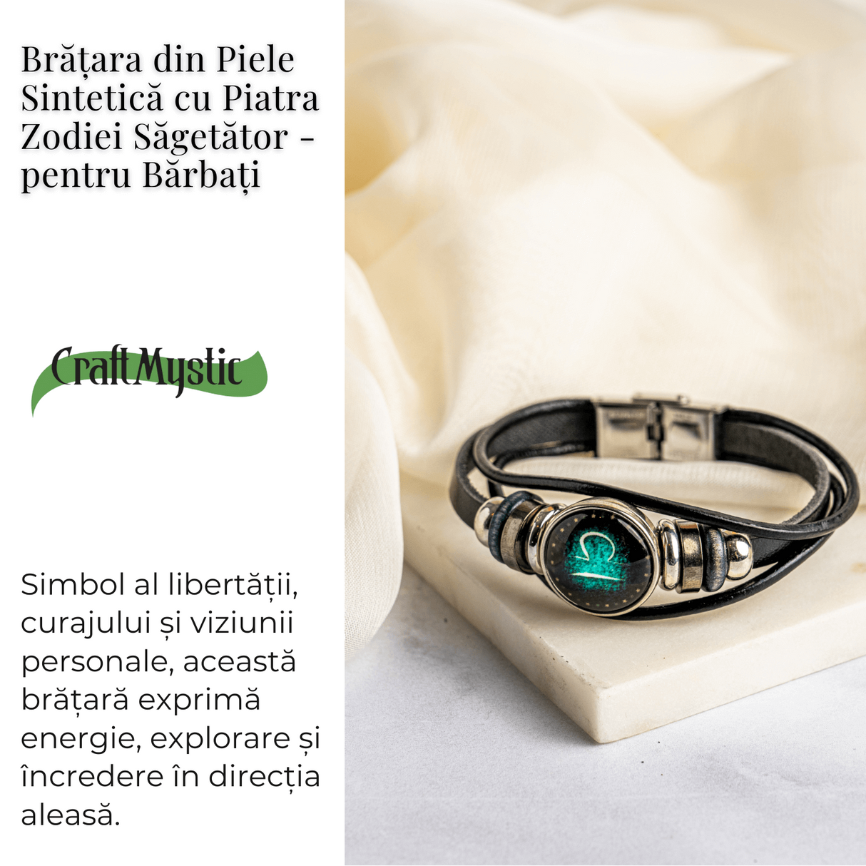 Bratara Fixa zodia Berbec din Piele Sintetica cu Cabochon Rotund - Semn Zodiacal Personalizat pentru Stil si Conexiune Astrologica