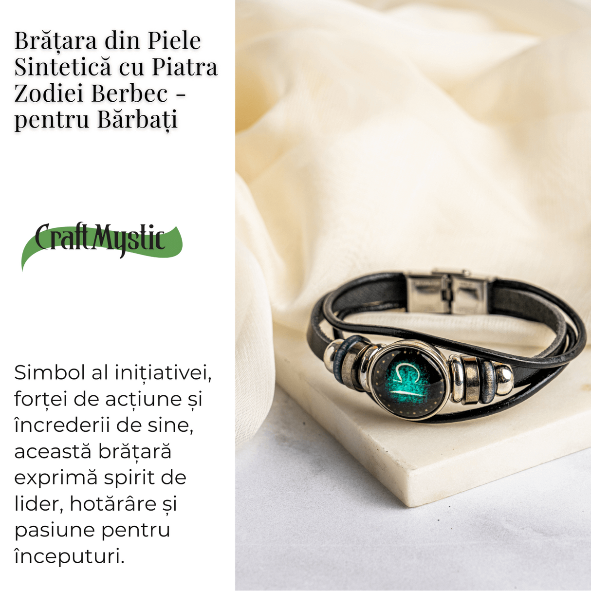 Bratara Fixa zodia Berbec din Piele Sintetica cu Cabochon Rotund - Semn Zodiacal Personalizat pentru Stil si Conexiune Astrologica