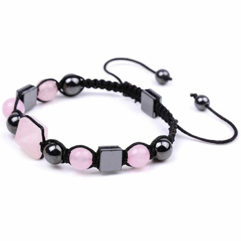 Adjustable Braided Bracelet with 8mm Rose Quartz and Hematite Beads and Pyramid Shape - Special Gift