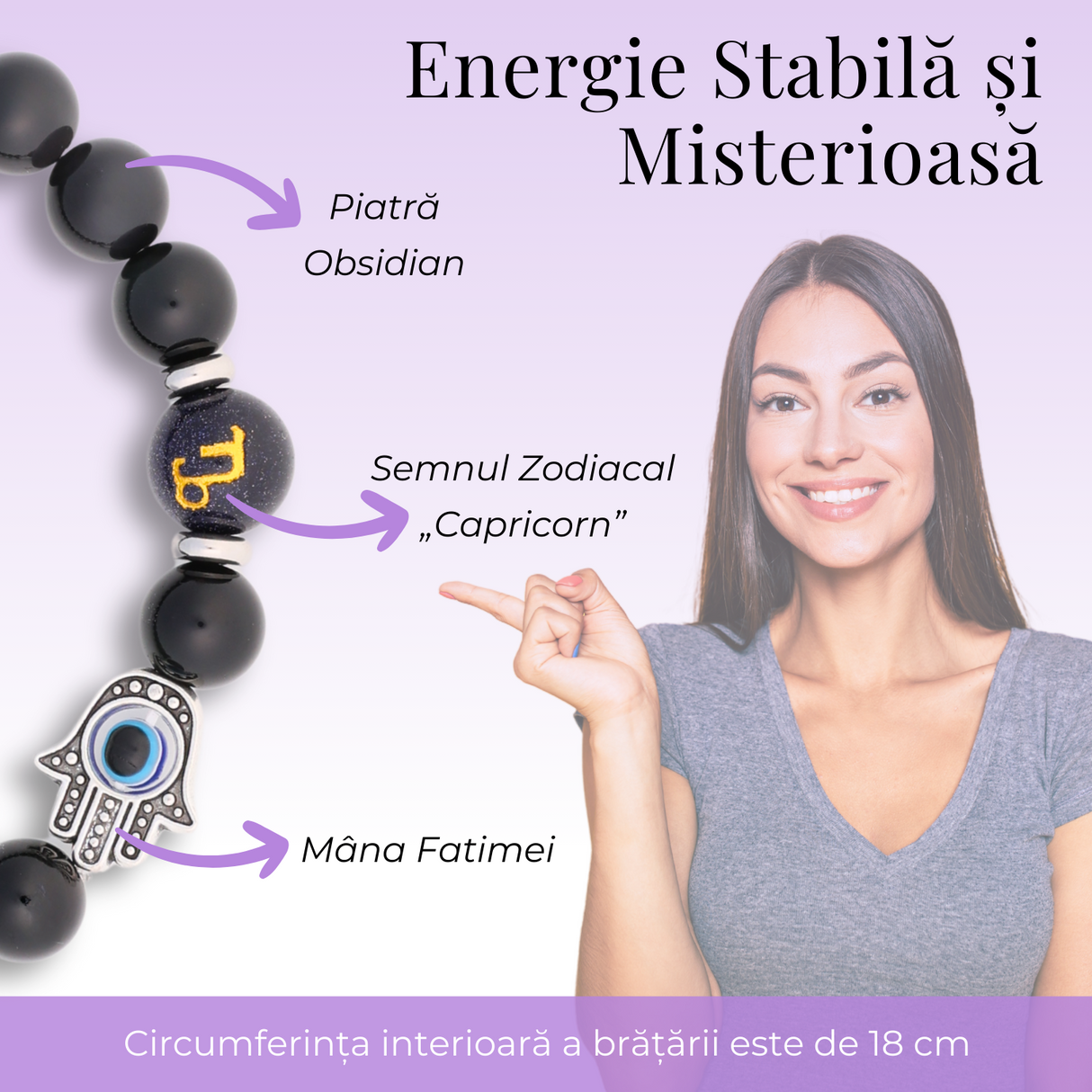Bratara pentru Zodii cu Margele de Obsidian, Pandantiv Mana Fatimei si Ochiul "Rau"