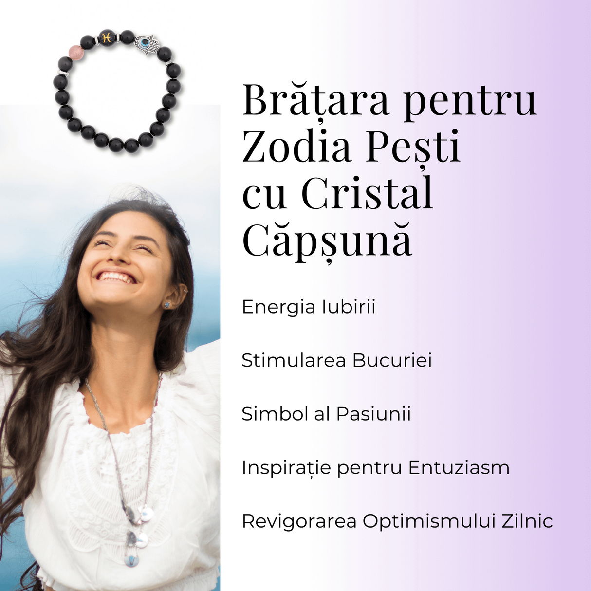 Bratara pentru Zodii cu Margele de Obsidian, Pandantiv Mana Fatimei si Ochiul "Rau"