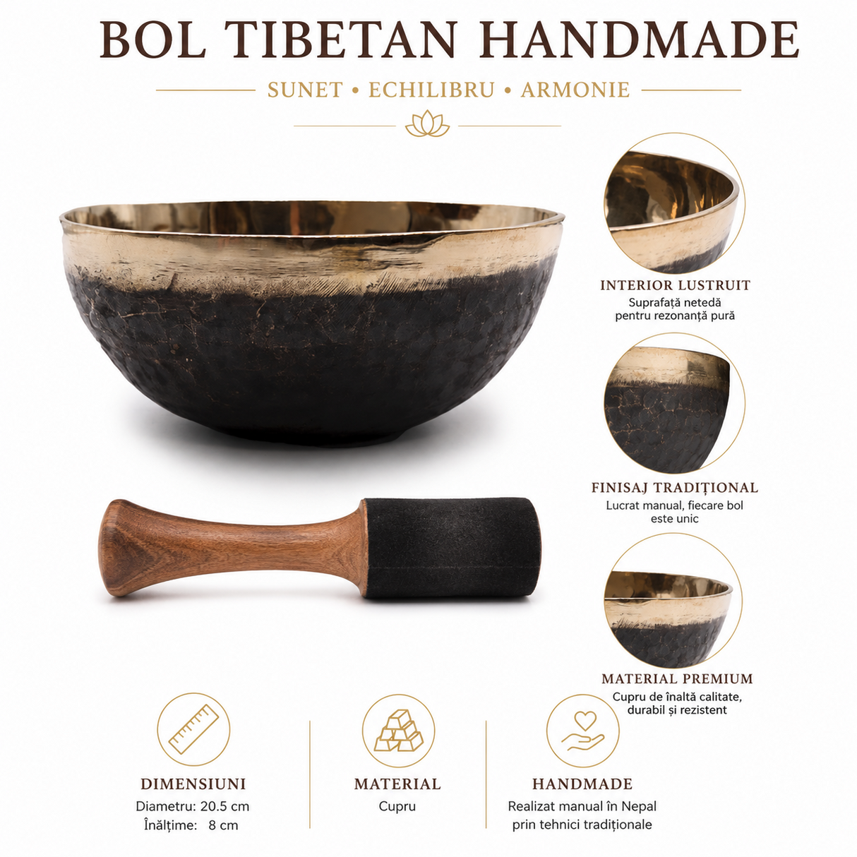Bol Tibetan Handmade din Cupru 20.5 cm – Relaxare, Armonie si Meditație