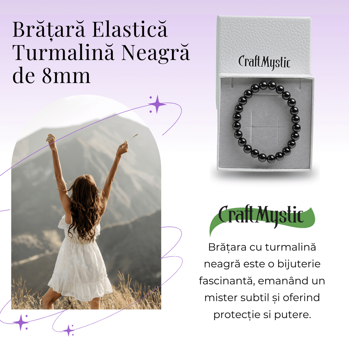 Bratara Elastica cu Margele de Turmalina Neagra de 8mm - Protectie si Echilibru