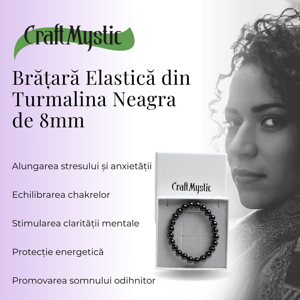 Bratara Elastica cu Margele de Turmalina Neagra de 8mm - Protectie si Echilibru